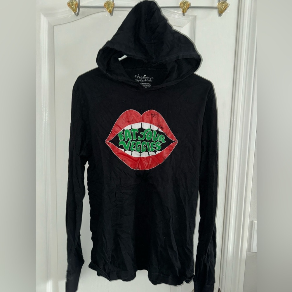 Vegetaryn Long Sleeved Hooded "Eat Your Veggies" Tee Women's Size Medium